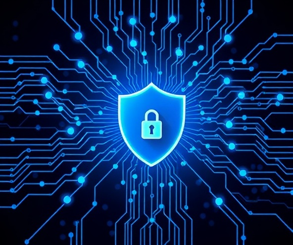 Abstract tech illustration with network nodes and shield icon