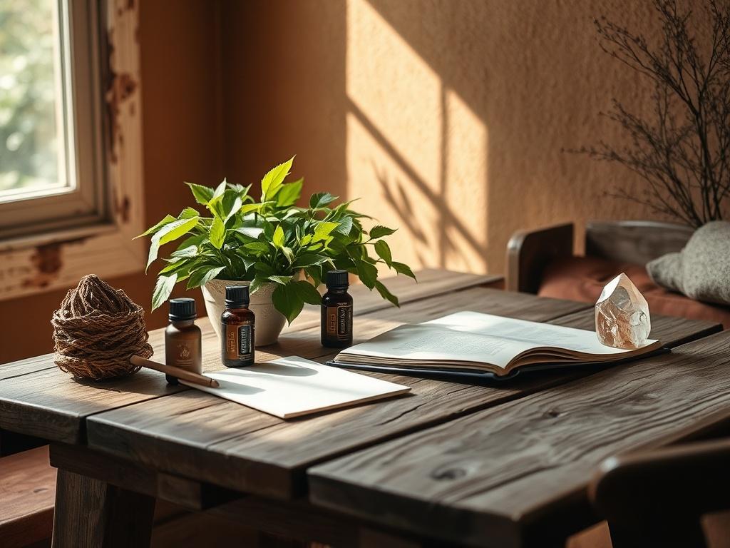 A serene and inviting workspace featuring intention oils and digital e-files on a rustic wooden table. Soft natural light filters through a window, casting gentle shadows. A lush plant adds a touch of greenery, and a crystal is placed nearby to enhance the mystical atmosphere. The background should be simple and earthy, with warm tones to create a cozy, grounded feel.