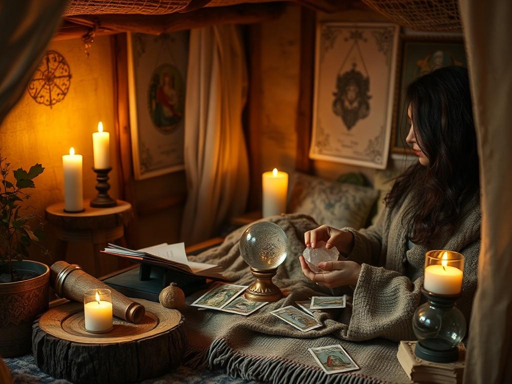 A serene setting with a cozy reading nook featuring a crystal ball, tarot cards, and soft candles. The space is illuminated by warm, ambient lighting, creating a mystical vibe. A person is seen engaging in a spiritual reading, immersed in a thoughtful atmosphere.