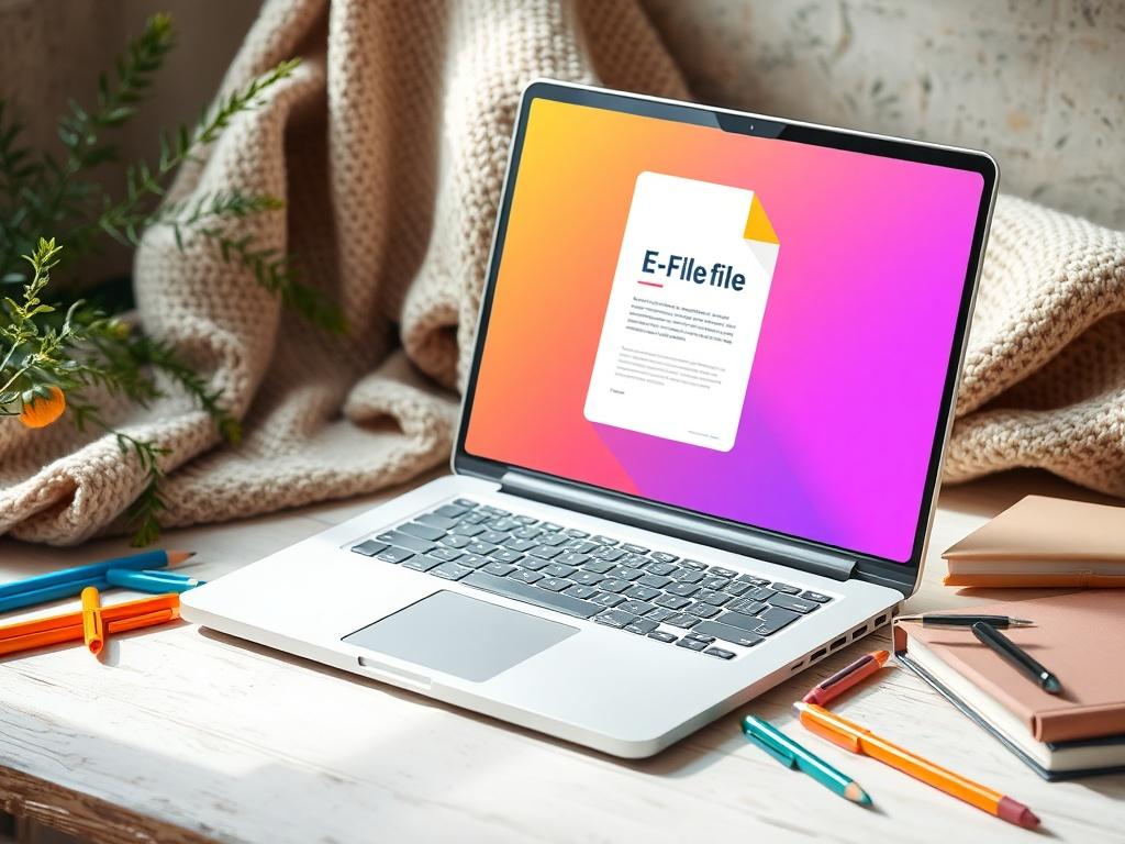 A digital workspace featuring a laptop open to a vibrant digital e-file document. Surrounding the laptop are colorful stationery items like pens and notebooks, with a cozy blanket draped in the background. The scene is bright and inviting, reflecting a creative atmosphere.