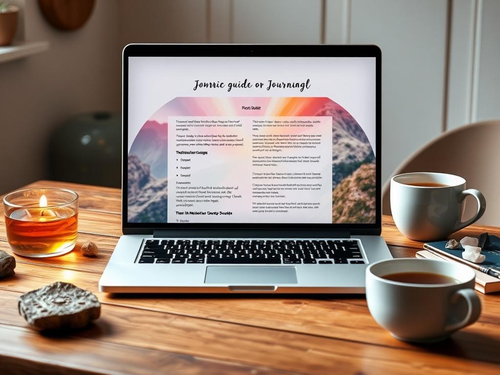 A high-resolution image of a stylish laptop open to a digital e-file on a wooden desk. The screen should display a colorful meditation guide or journaling prompt, with a cozy ambiance featuring a cup of herbal tea and some crystals nearby. The lighting should be soft and warm, creating a welcoming and peaceful workspace.