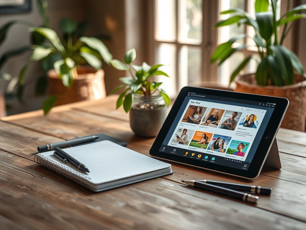 A high-resolution image of a serene study space, featuring a notebook, pens, and a tablet displaying a course interface with vibrant visuals. The background should include plants and natural light streaming in, creating a peaceful atmosphere that inspires learning and reflection.