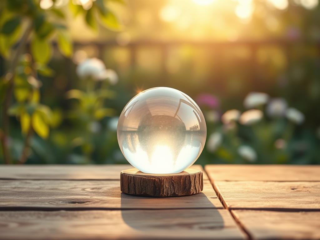 **Prompt for AI Image Generation:**

Create a realistic high-resolution photo that embodies the essence of a blog titled "Daily Spiritual Insights." The composition should be simple and clear, featuring a single, serene subject: a delicate, softly glowing crystal ball placed on a rustic wooden table. The crystal ball should reflect gentle light, creating an ethereal glow that captures a sense of tranquility and mindfulness.

In the background, incorporate a softly blurred garden scene with lush greenery, su