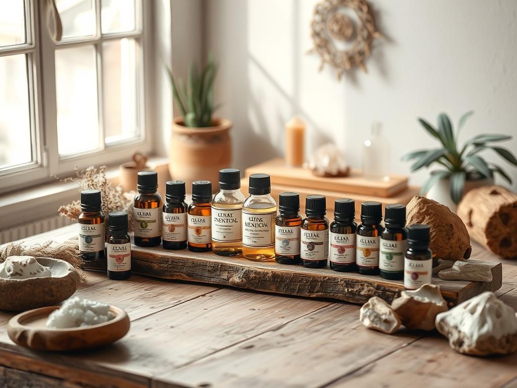 A serene and inviting space showcasing a variety of intention oils arranged beautifully on a rustic wooden table. Soft natural light filters through a window, illuminating the earthy textures around. In the background, a few mystical elements like crystals and plants enhance the setting, creating a warm and grounded atmosphere. The color palette features soft pastels and natural tones, harmonizing with a calm and inviting aesthetic.