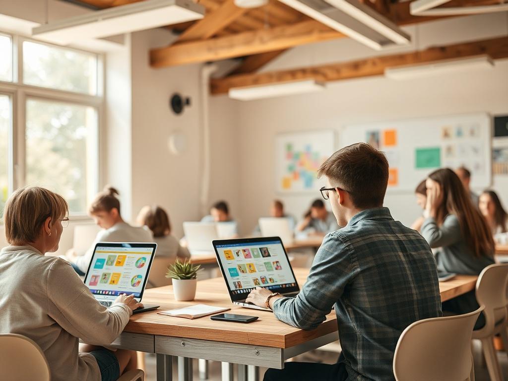 A bright, inviting classroom environment with laptops open, colorful digital materials displayed, and participants actively engaged in learning. The atmosphere is filled with positive energy and creativity.