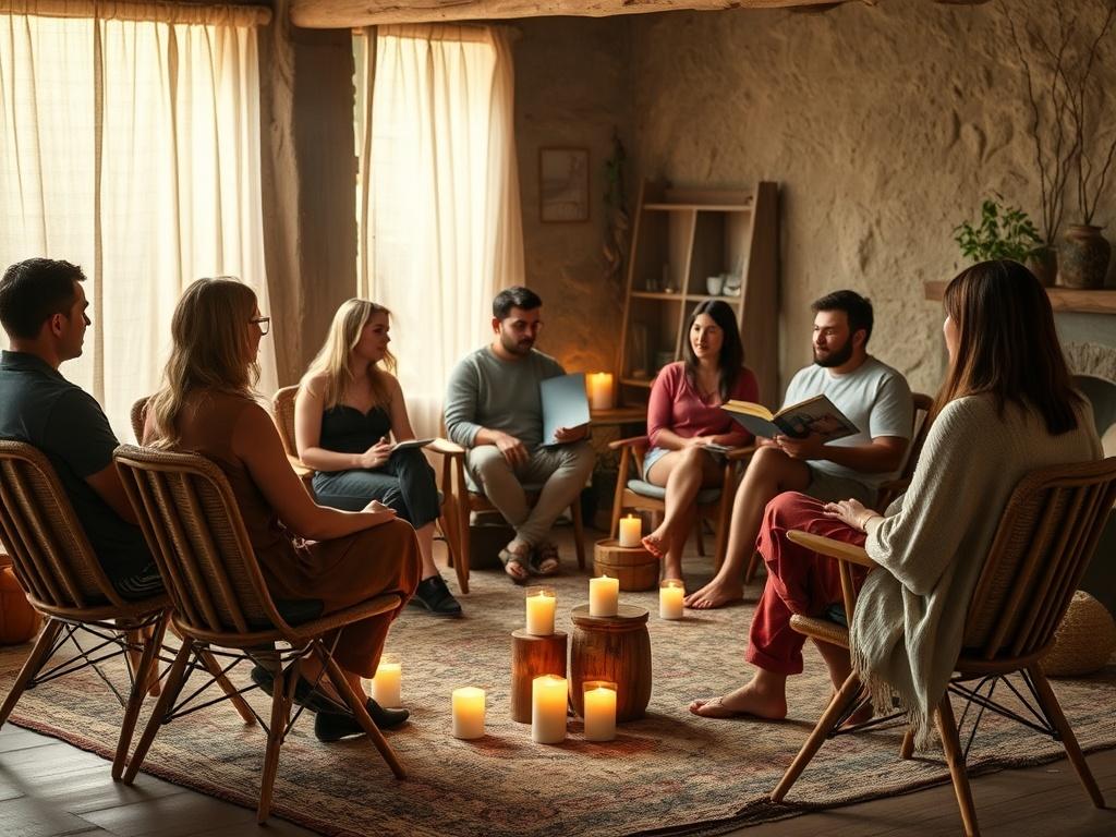 A cozy circle of chairs surrounded by soft light and candles, with participants engaged in deep conversation and connection. A reader is sharing insights, creating a warm and inviting atmosphere.