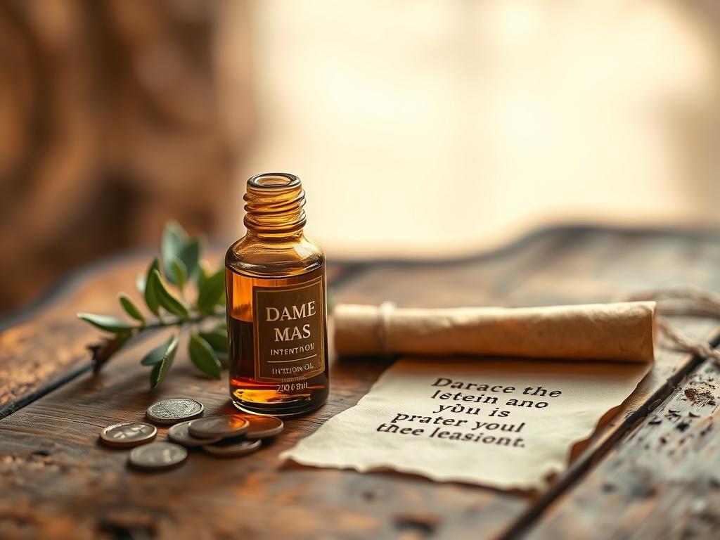 A high-resolution photo of a small, elegantly designed bottle of DAME MAS INTENTION OIL, placed on a rustic wooden table. The bottle should reflect a mystical aesthetic with soft natural light illuminating it. Surround the bottle with a few coins, a small plant, and a piece of parchment with the affirmation written on it, set against a blurred earthy background that enhances the spiritual vibe.