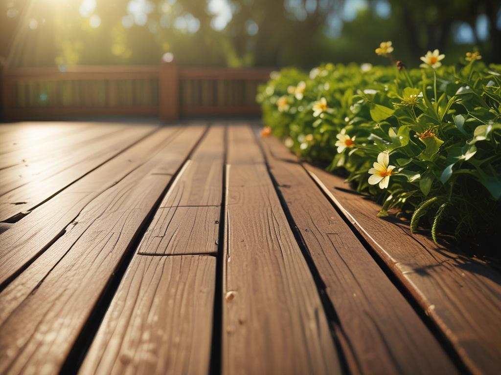 close up shot of a beautifully restored wooden deck, sunlight