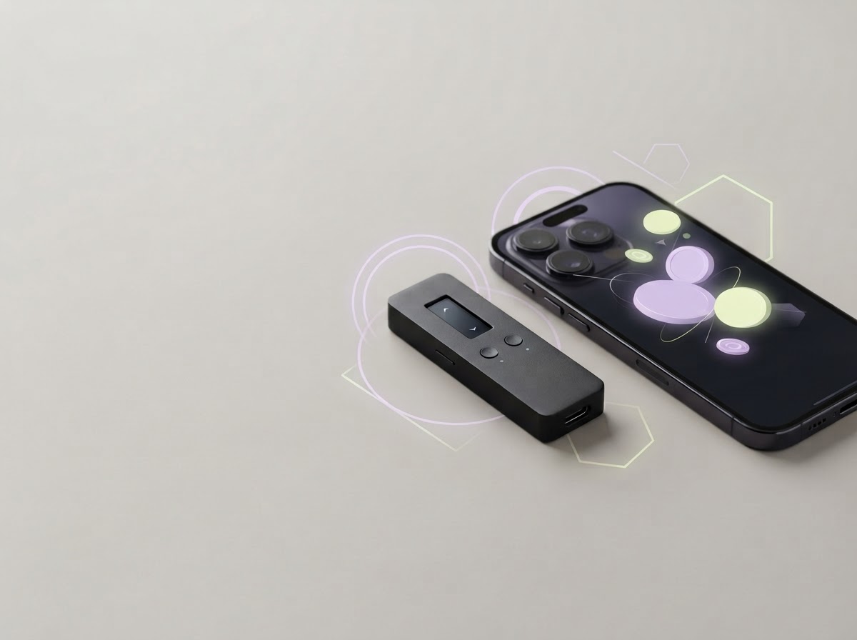 Hardware wallet and smartphone arranged together on a clean studio background