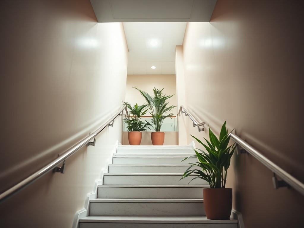 A hyper-realistic close-up shot of a clean stairwell in a residential building. The stairwell should be well-lit and show polished handrails and spotless steps. The walls should be freshly painted in a neutral color, with a few indoor plants placed strategically to add a touch of greenery. The photo should capture the essence of cleanliness and professionalism, emphasizing the safety and aesthetic appeal of the space.
