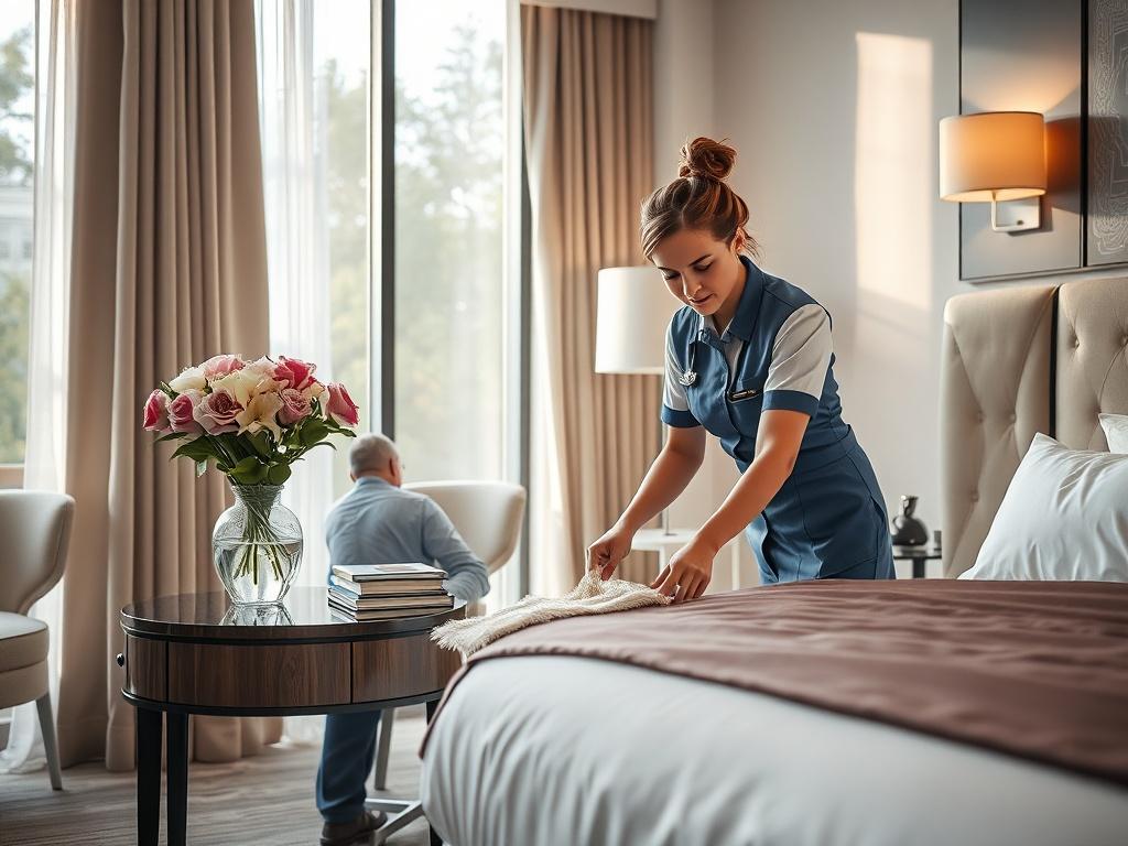 A hyper-realistic image of a hotel room being cleaned, showcasing a professional cleaner in uniform, meticulously dusting a bedside table with a vase of fresh flowers in the background. The room is bright and airy, with large windows letting in natural light, and the bed is perfectly made. The composition should focus on the cleaner and the clean environment, highlighting the attention to detail and professionalism.