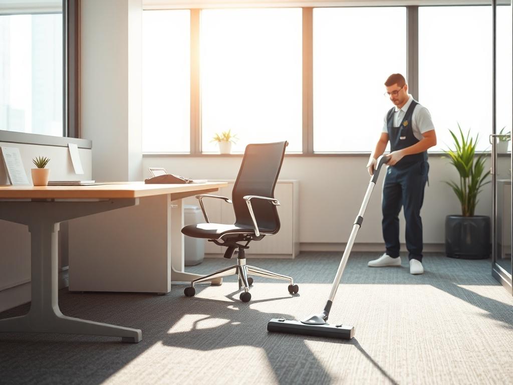 A clean, modern office environment featuring a desk and chair, with sunlight streaming through a window. A cleaning professional in uniform is vacuuming the carpet. The scene is bright and inviting, showcasing a well-maintained workspace.