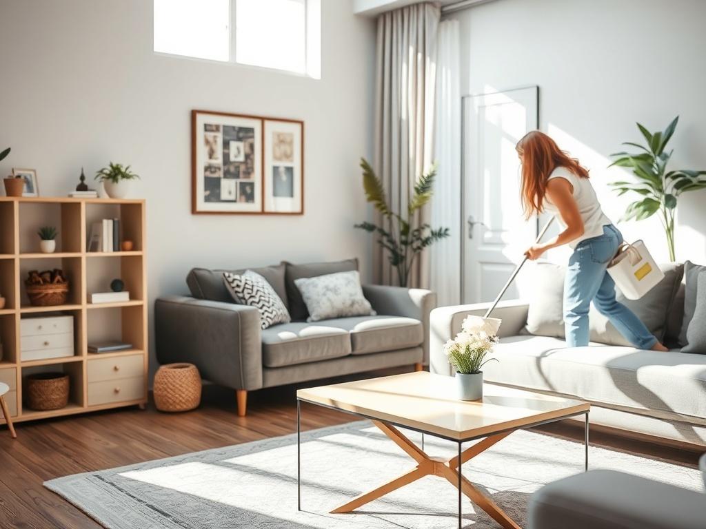 A cozy and clean living room with a sofa and coffee table, sunlight illuminating the space. A cleaning professional is dusting a shelf, showcasing a tidy and welcoming home environment.