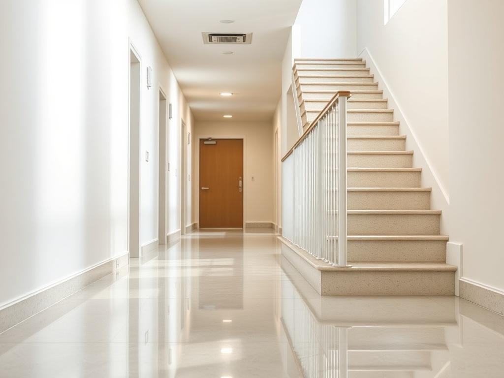 A realistic high-resolution photo showcasing a clean and well-maintained hallway and stairway. The composition should focus on the gleaming floors and freshly cleaned stair railing. The background should be minimalistic, emphasizing the cleanliness and order of the space. The lighting should be bright and inviting, highlighting the polished surfaces and overall tidiness. The photo should reflect a professional cleaning service environment, with a color palette that includes the primary color #1C6220.