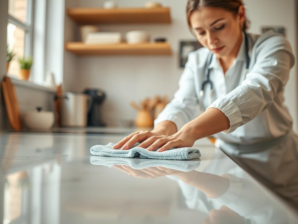 A hyper-realistic close-up shot of a cleaning professional in action, focusing on a sparkling clean kitchen countertop. The background is softly blurred, showing hints of a well-organized kitchen. The subject, wearing a clean uniform, is using a microfiber cloth to wipe down the surface, conveying a sense of thoroughness and attention to detail. The lighting is warm and inviting, creating a sense of cleanliness and comfort.