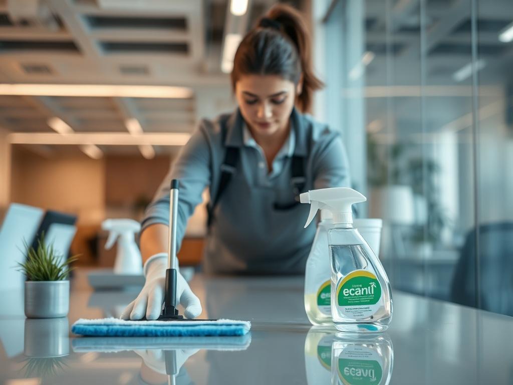 A close-up shot of a professional cleaner in action at an office space, showcasing attention to detail and cleanliness. The cleaner is using eco-friendly cleaning supplies, with a focus on gleaming surfaces and a tidy environment. The background is softly blurred, emphasizing the cleaner and a pristine workspace. The color scheme is compatible with the primary color #1C6220.