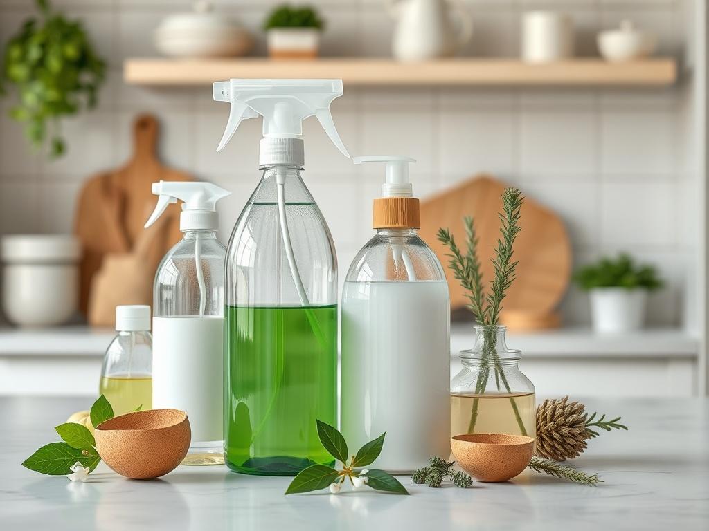 A close-up shot of eco-friendly cleaning products displayed on a kitchen counter, with a focus on the natural ingredients and a clean, modern kitchen background.