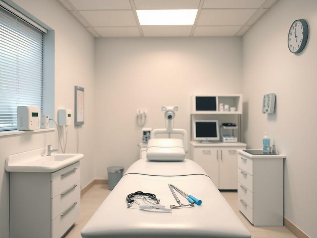 A hyper-realistic close-up shot of a clean and well-organized doctor's office. The image should focus on a pristine examination room with a spotless examination table, sterile instruments neatly arranged, and clean walls. The lighting should be bright and inviting, showcasing the attention to cleanliness and hygiene. The background should be simple and uncluttered, emphasizing the cleanliness of the space.