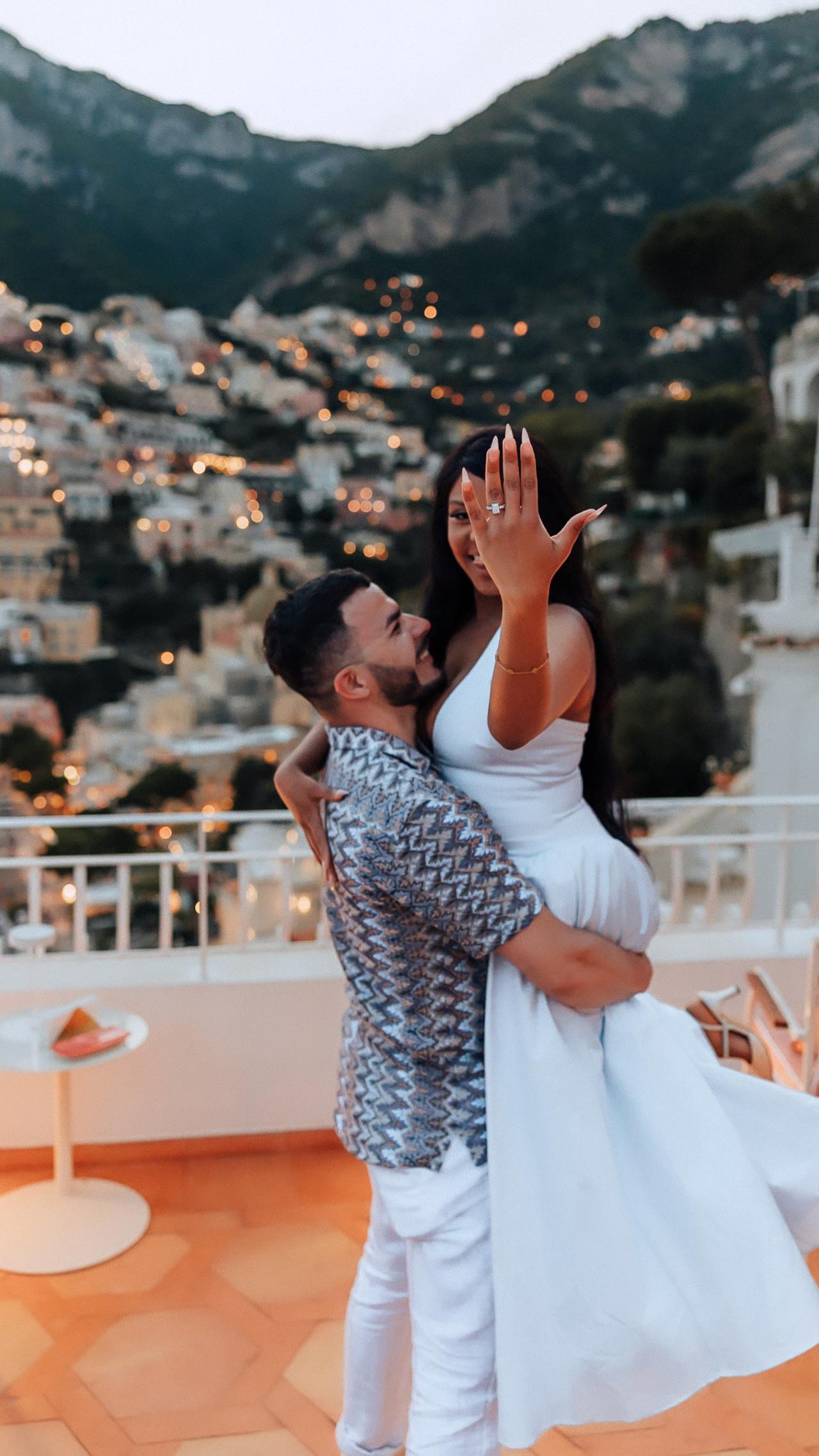Beautiful engagement moment in Positano, Italy with golden hour lighting