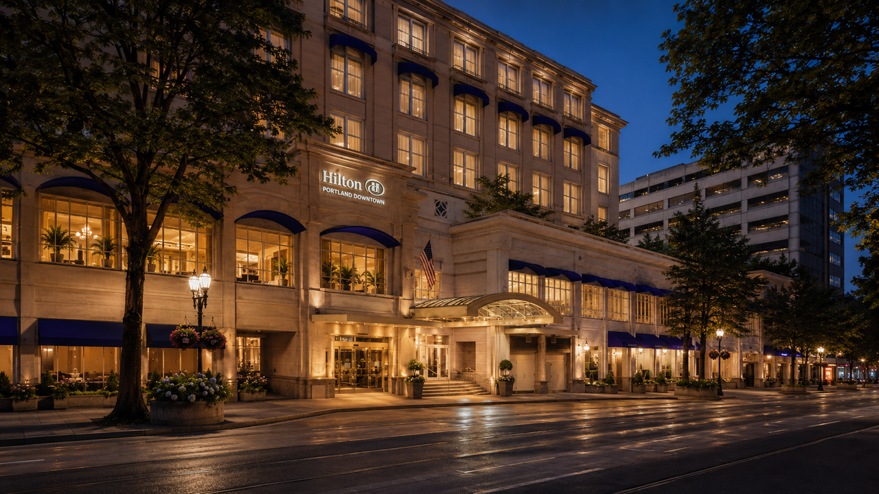 Grand elegant ballroom at Hilton Portland Downtown with crystal chandeliers and warm lighting