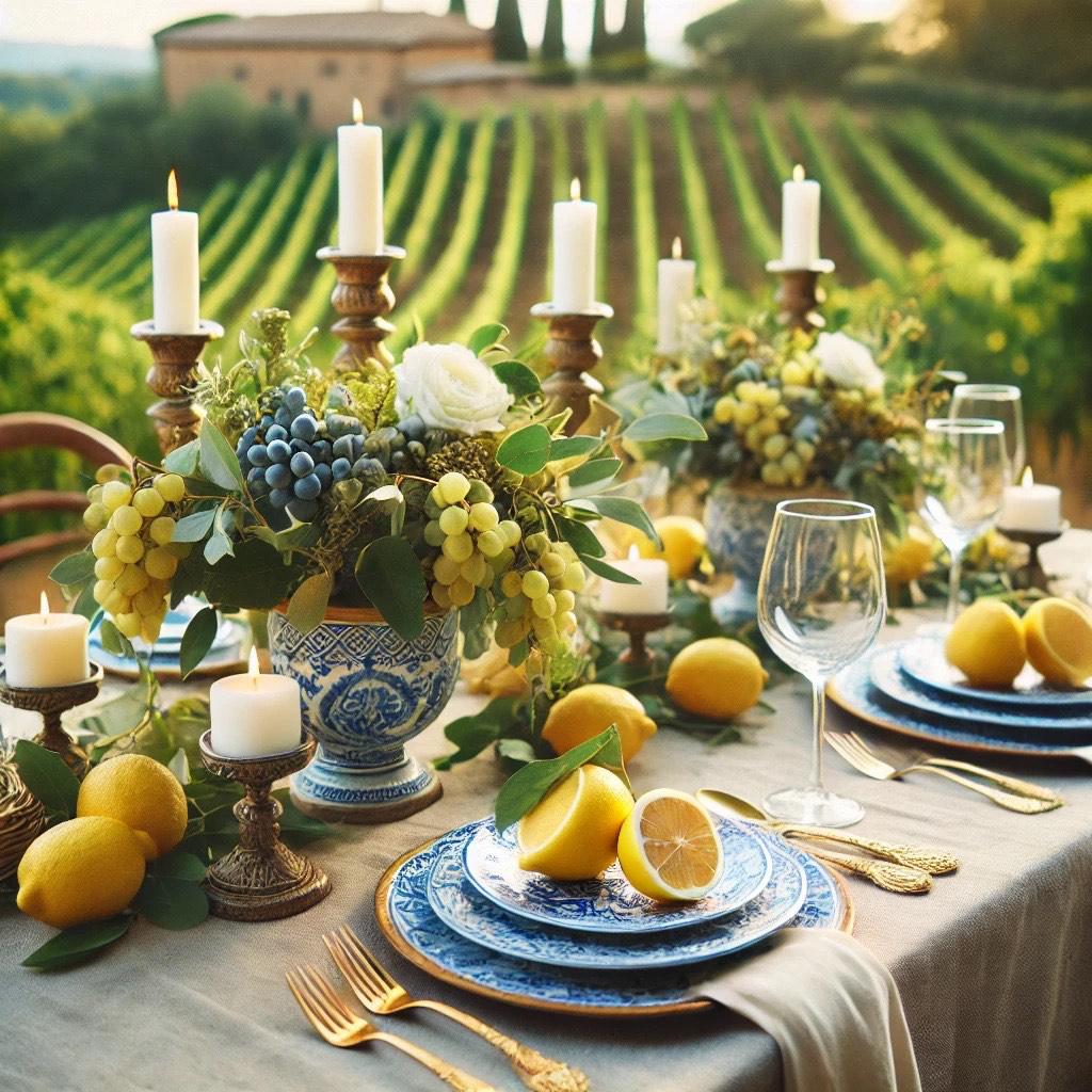 <em>Mediterranean-inspired wedding centerpiece with lemons, white flowers, and rustic greenery</em>