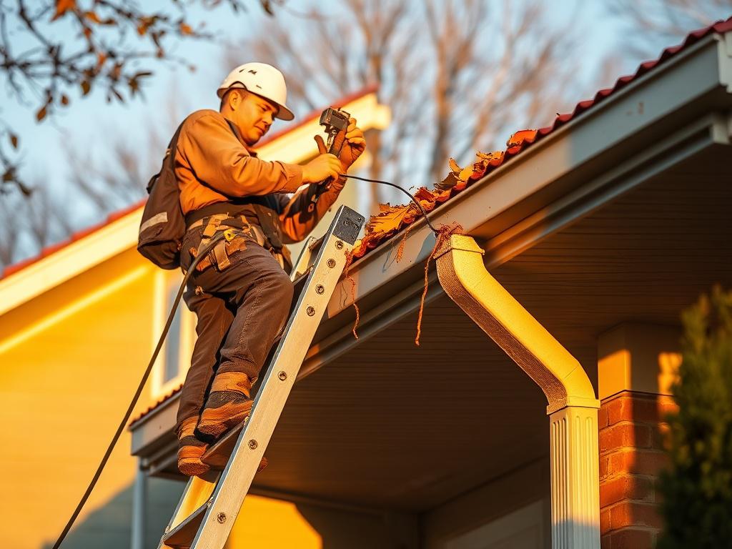 A professional cleaning technician standing on a sturdy ladder, diligently