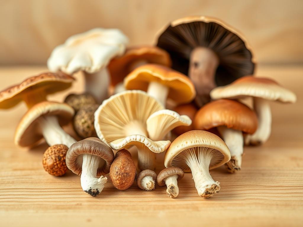 A close-up shot of various high-quality medicinal mushroom specimens displayed on a clean, minimalistic wooden surface. The mushrooms should be arranged artistically, showcasing their unique textures and colors. The background should be softly blurred to emphasize the mushrooms, with warm natural lighting enhancing their vibrant colors. The composition should be simple and focused, reflecting the purity and quality of the product.