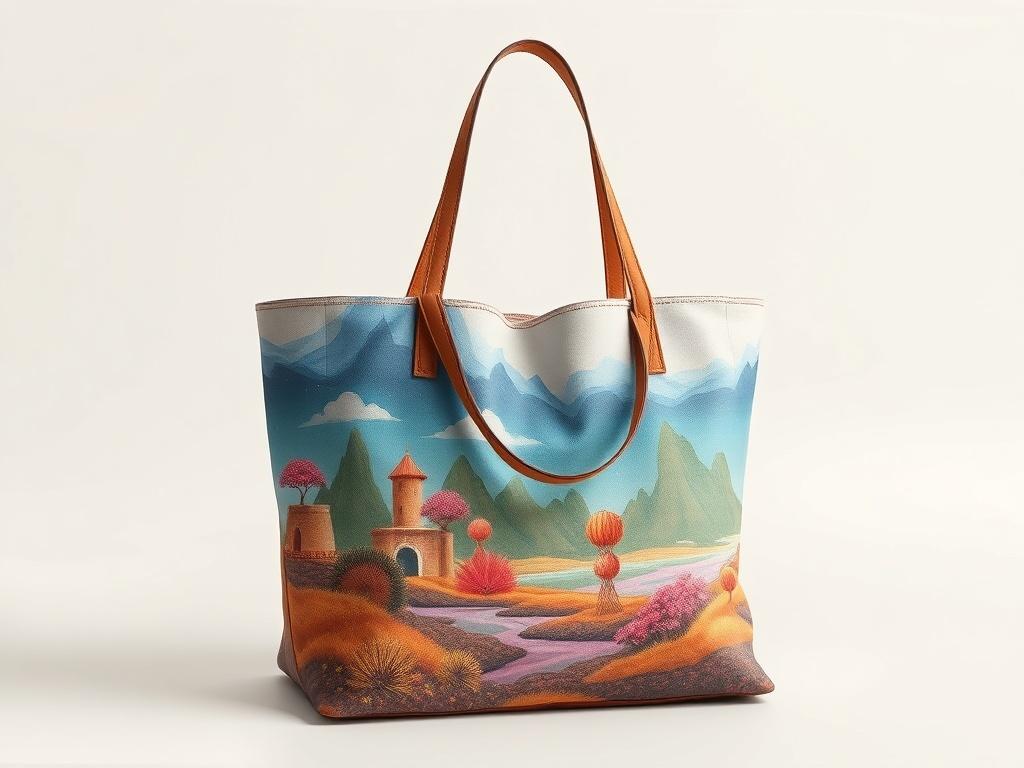 A stylish enchanted tote bag featuring whimsical artwork of surreal
