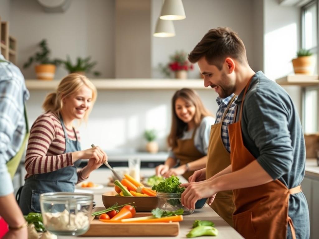 An engaging scene of individuals participating in a cooking workshop,
