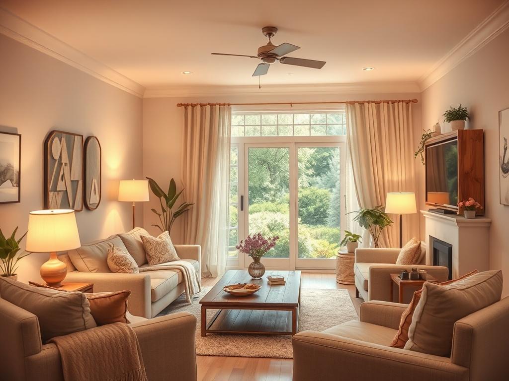 A warm, inviting living room in a residential setting, featuring