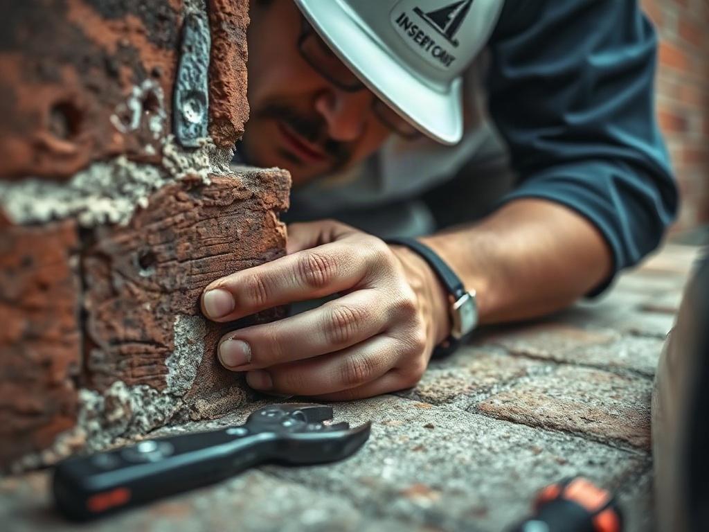 A close-up of a mason inspecting corroded wall ties in a brick structure, with tools laid out nearby. The image should capture the focus on the inspection process and the condition of the ties, with a subtle background that highlights the masonry. The scene should convey professionalism and diligence.