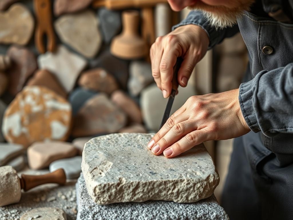 A close up shot of a craftsman carefully chiseling a