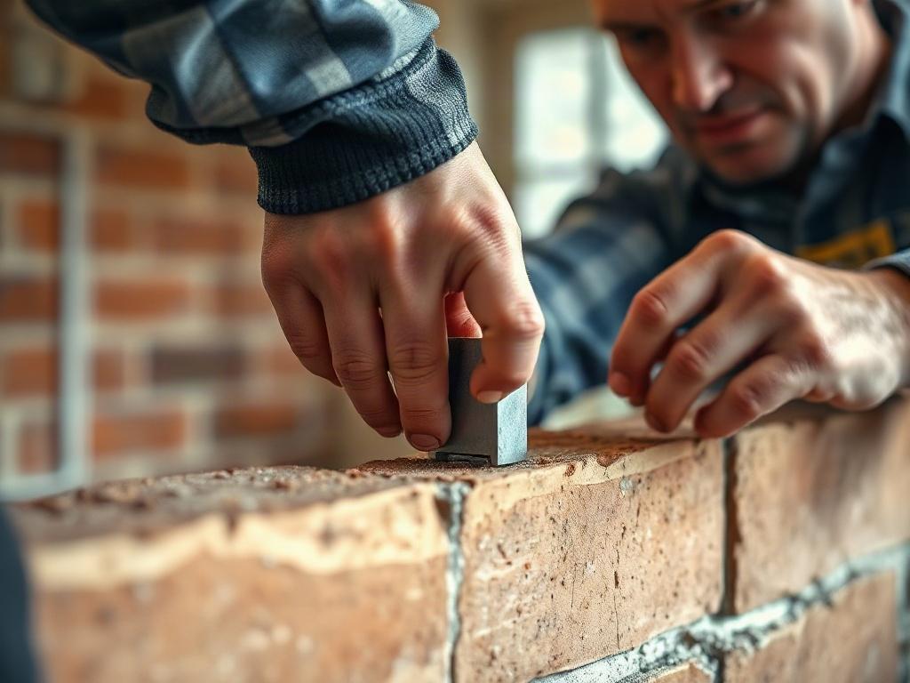 A close-up shot of a skilled mason installing a wall tie in a brick wall, showcasing the precision and care in the process. The background should be blurred to emphasize the mason and the wall tie. The image should reflect a bright and professional setting, with realistic details of the masonry work.