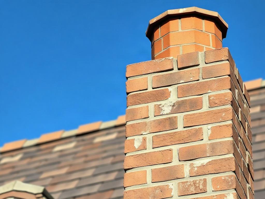 A close-up shot of a chimney stack being repointed, showcasing the intricate details of the mortar work. The background is a clear blue sky, highlighting the chimney against the home’s roof. The focus is sharp on the chimney, emphasizing the texture of the new mortar and the craftsmanship involved. The image should evoke a sense of quality and professionalism, with vibrant colors that complement the primary rgb(245, 77, 77) color.