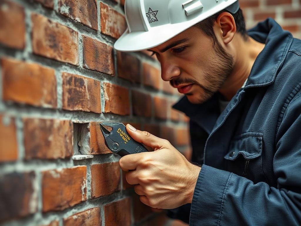 A close-up shot of a skilled technician replacing wall ties in a brick masonry wall. The technician is focused, with tools in hand, showcasing the process of removing corroded ties and installing new ones. The background features partially visible bricks, highlighting the masonry work. The image should reflect a professional atmosphere with a hyper-realistic style, shot with a 45mm f/1.2 lens, ensuring clarity and detail.
