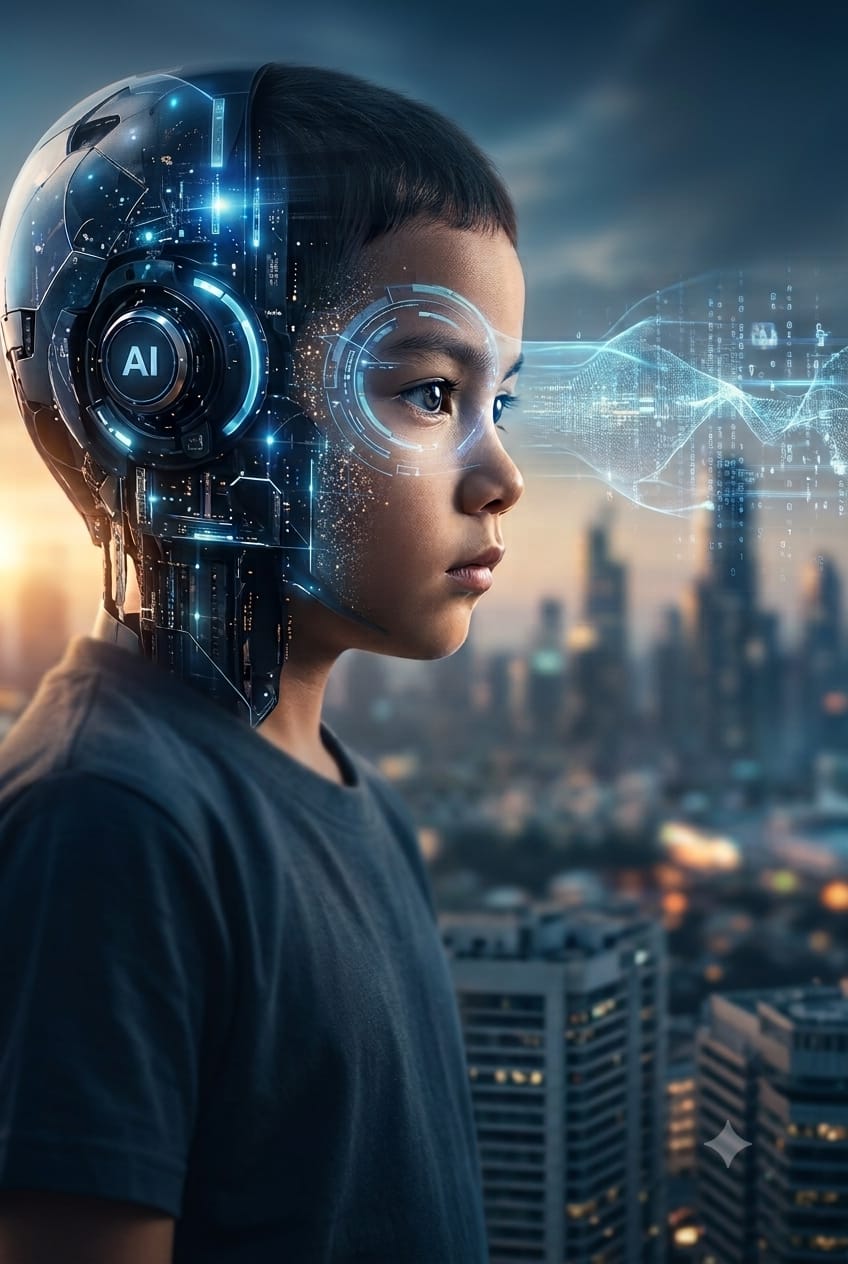 AI-2030 Survival Guide cover — young cyborg facing a future city skyline