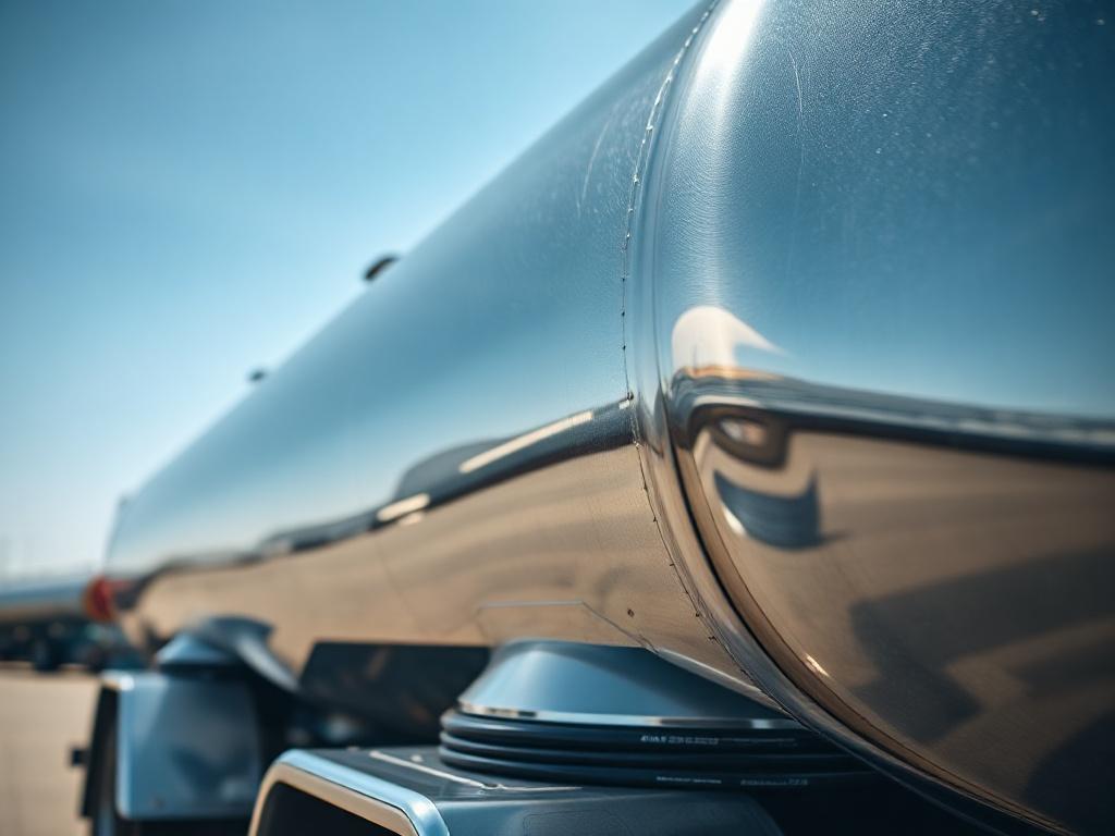 A hyper-realistic close-up shot of a fuel supply tanker, prominently displaying its shiny metallic surface and intricate details. The backdrop features a clear blue sky and an industrial setting, emphasizing the operational aspect of fuel supply. The image should convey reliability and strength, focusing solely on the tanker with a blurred background to enhance depth.