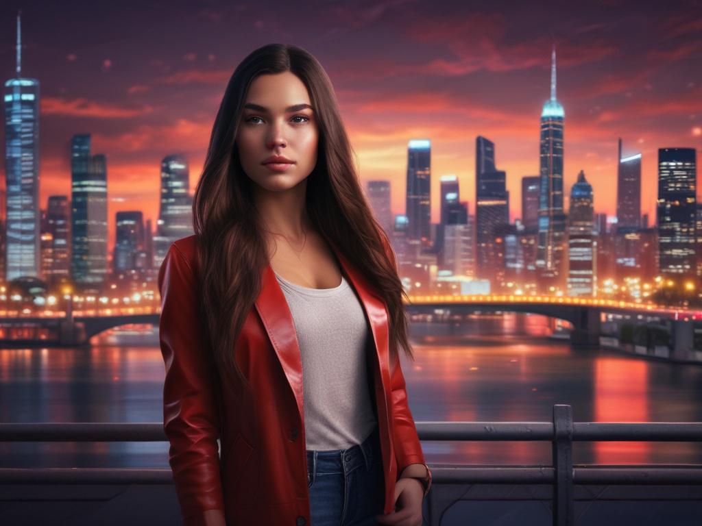 A beautiful young woman in a stylish outfit standing confidently