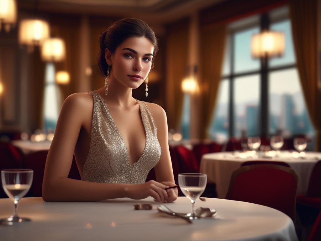 A stunning, elegant young woman in a classy evening gown,
