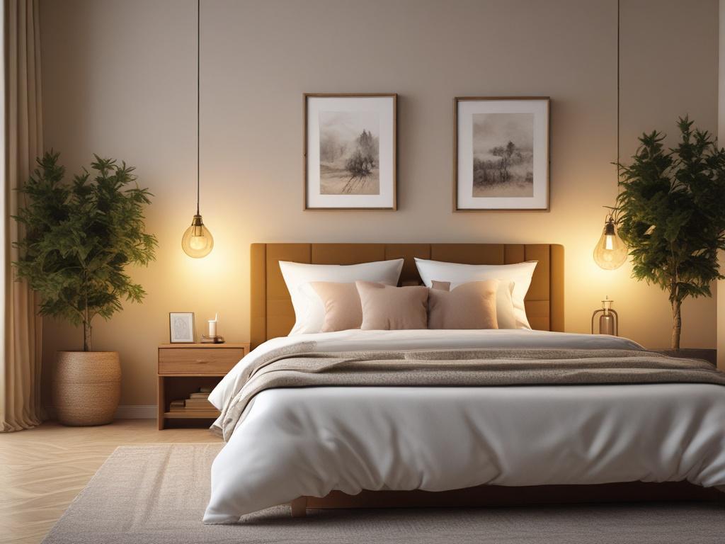 cozy bedroom with soft lighting, warm golden hues, elegant decor,