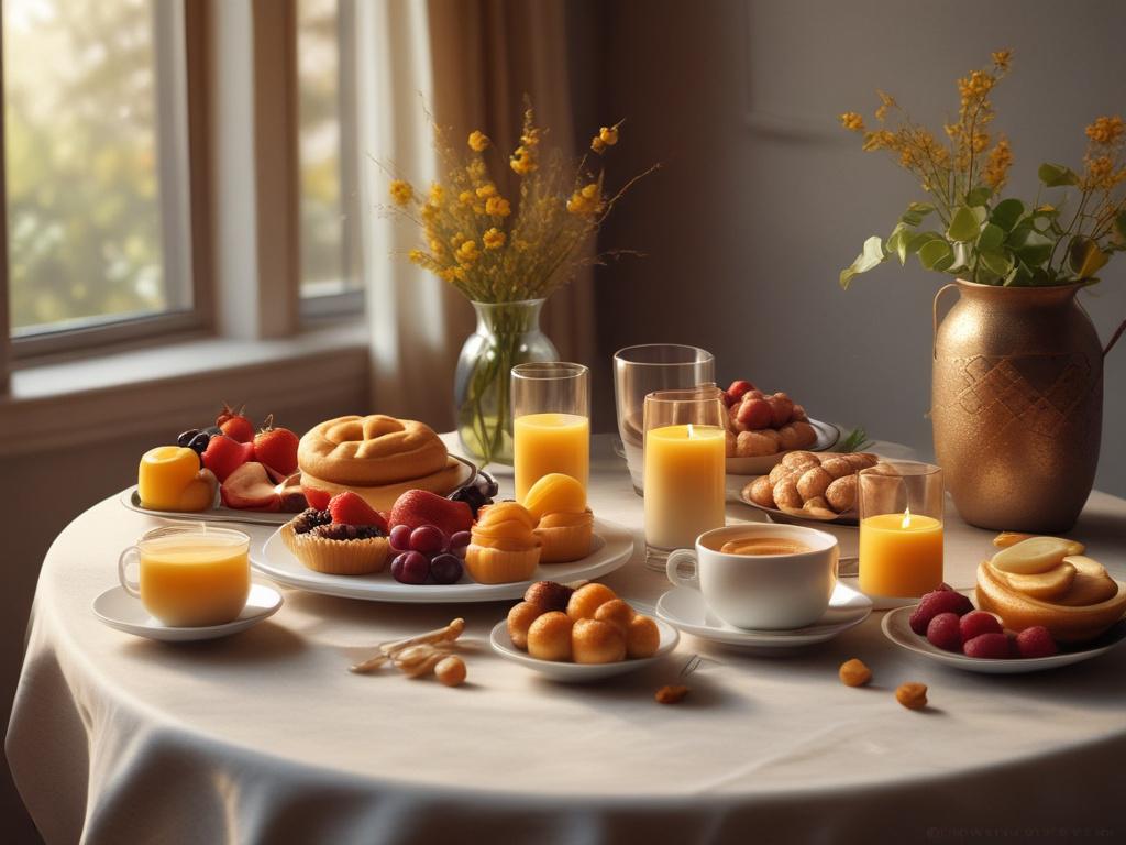 elegant breakfast table with fresh fruits, pastries, warm drinks, inviting