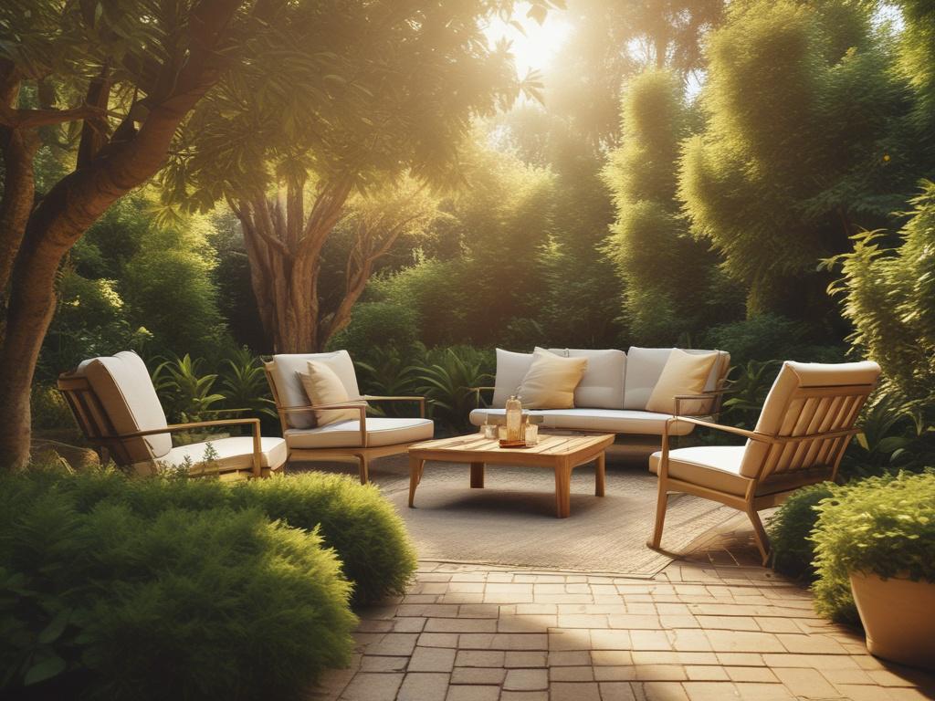 peaceful garden with comfortable seating, serene atmosphere, soft natural light,