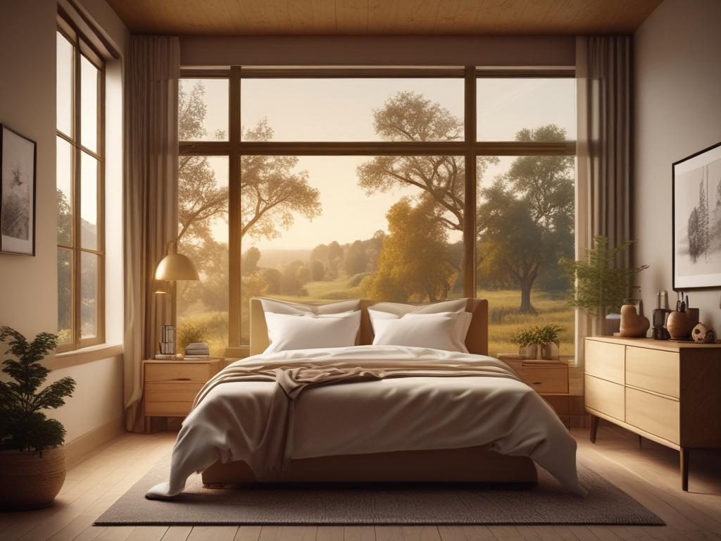 cozy bedroom with warm golden hues, king-size bed, soft lighting, serene atmosphere, countryside view