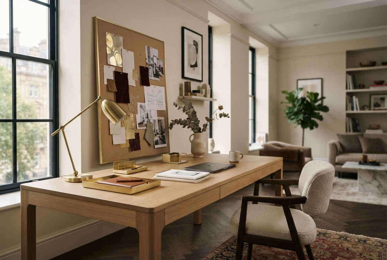 The Kingsley Crown studio: a refined creative workspace with gold desk accessories and brand material swatch boards