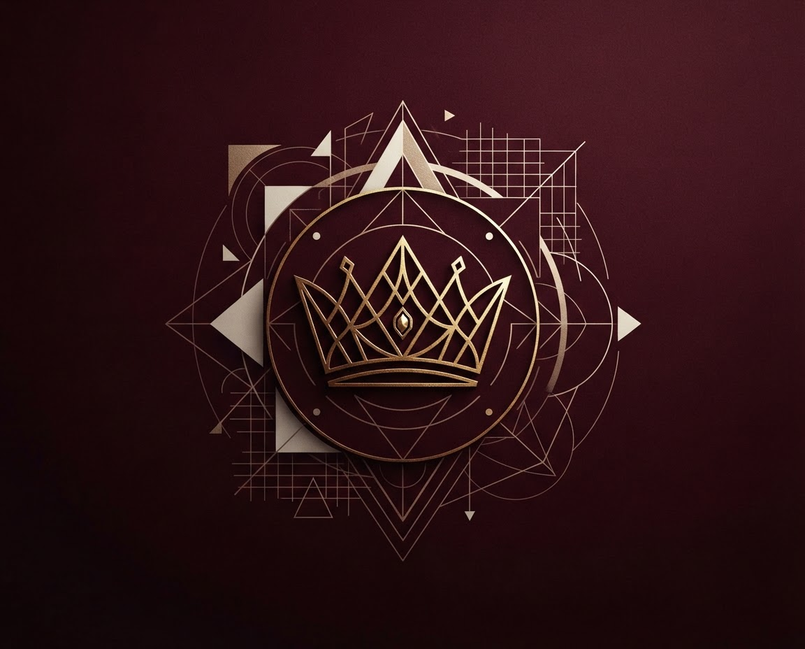 Abstract gold crown monogram emblem on a deep burgundy background, representing Kingsley Crown's luxury brand identity craft