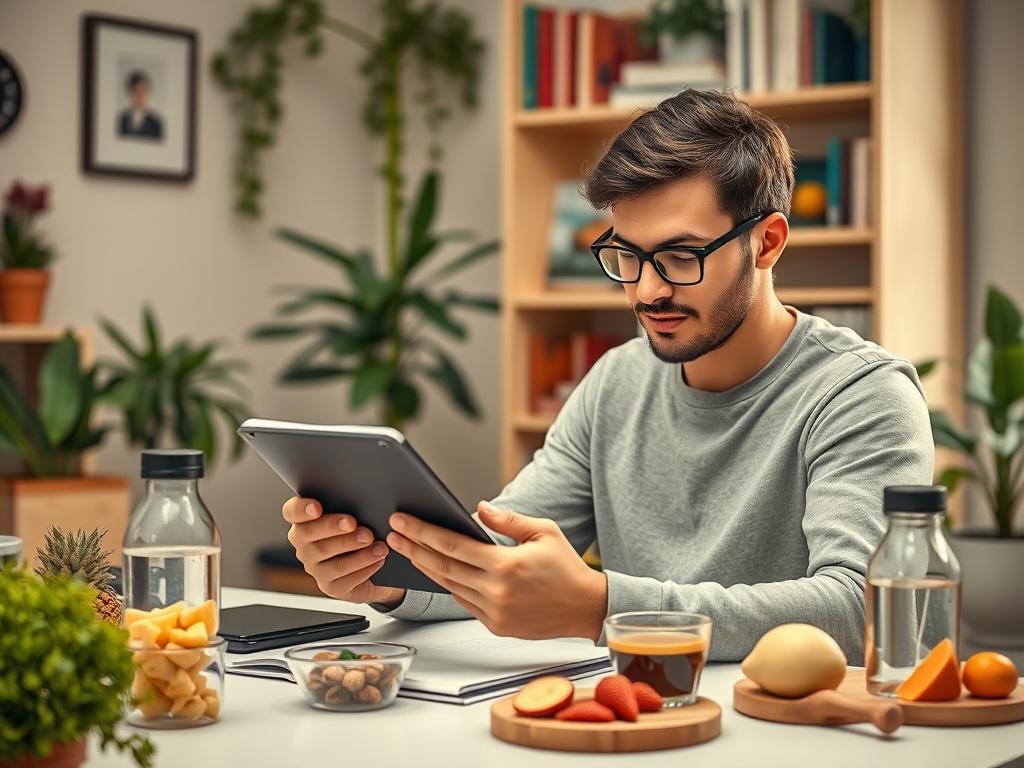 A realistic high-resolution photo showcasing a single person reading an e-book on a tablet, sitting at a modern desk filled with healthy snacks and a water bottle. The background features a well-organized home office with plants and bookshelves, emphasizing a focus on health and wellness. The lighting is warm and inviting, highlighting the individual engaged in learning about metabolic science.