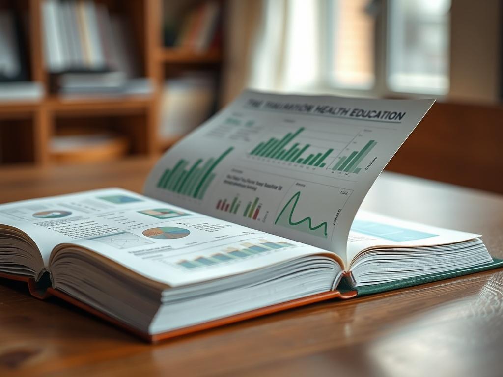 A close-up shot of an open book on a wooden table, with pages filled with charts and graphs related to health education. The background is softly blurred, emphasizing the book, with a warm, natural light illuminating the scene. The color green (rgb(50, 170, 39)) subtly incorporated in the book cover design.