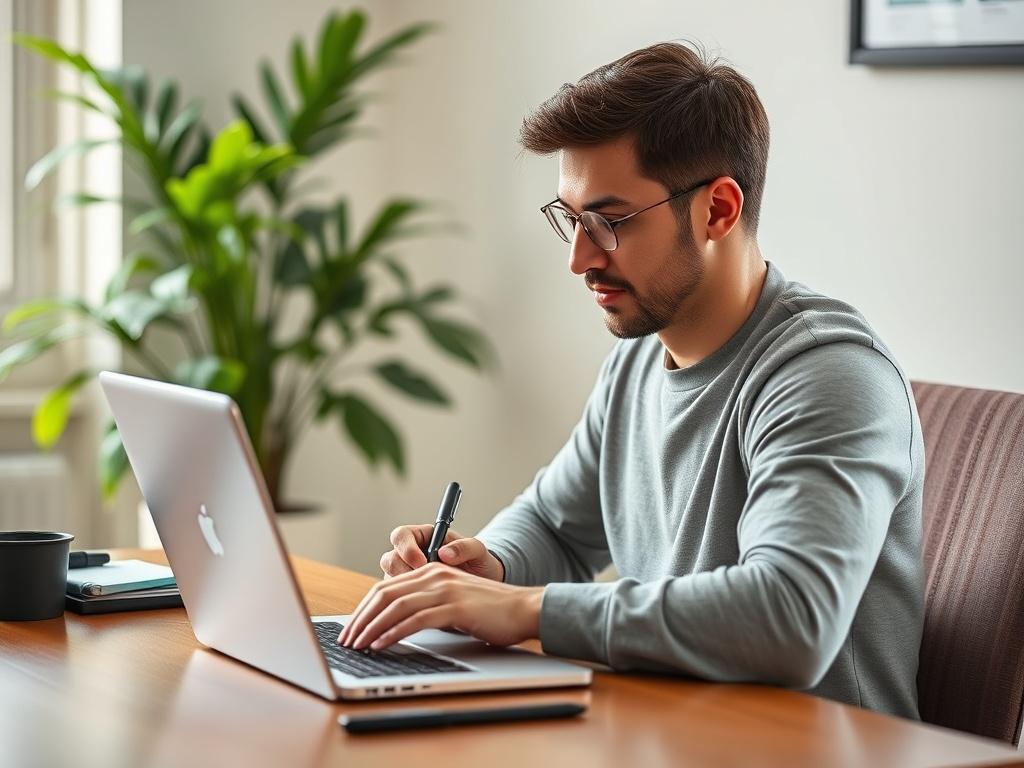 A single individual sitting at a desk, engaged in an