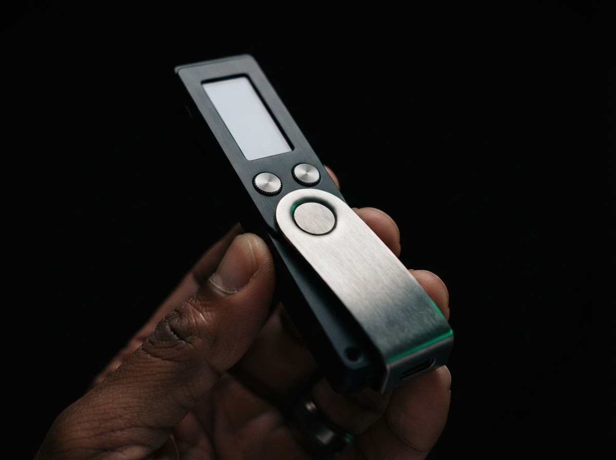 Close view of a metal hardware wallet with a softly illuminated, unreadable display.