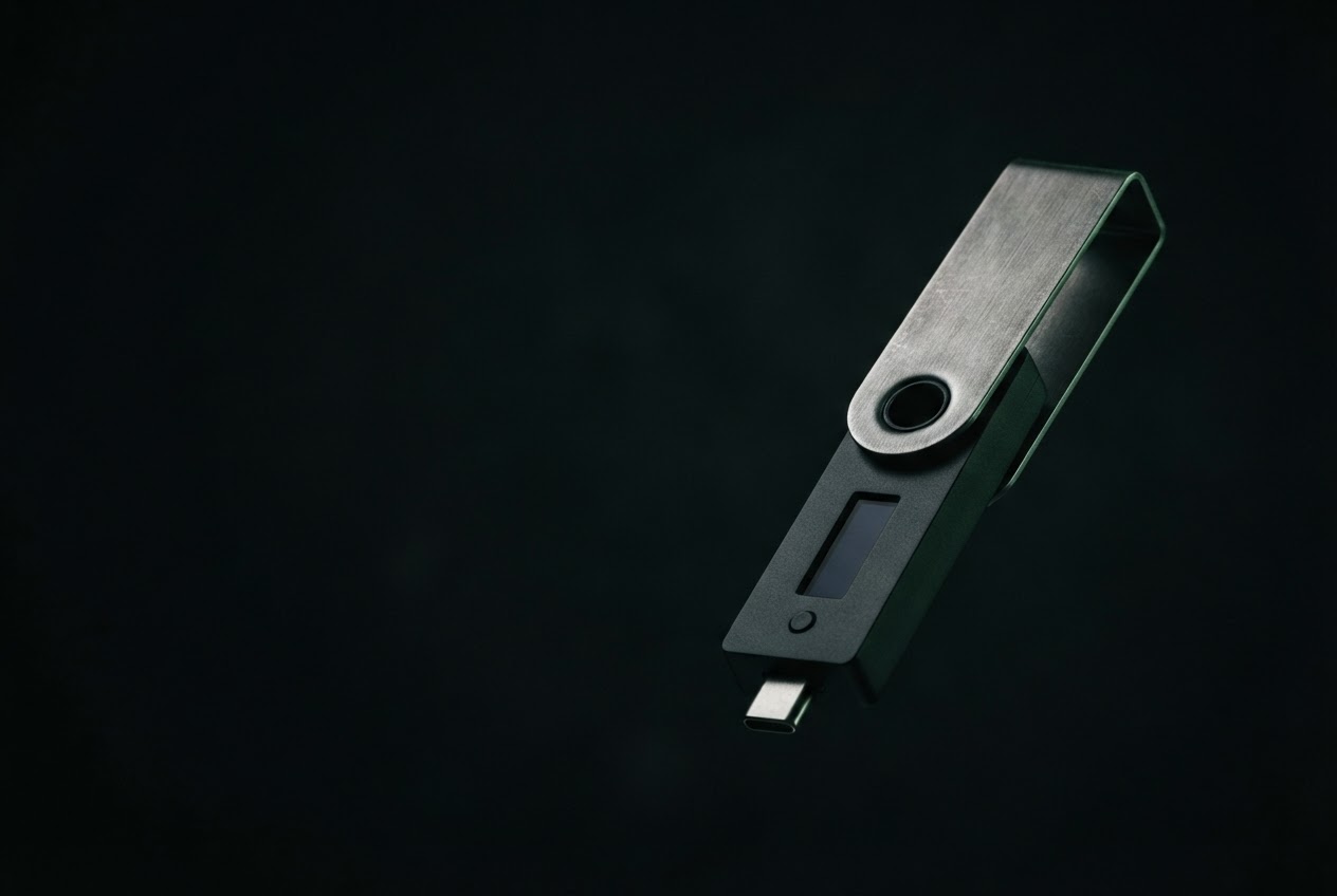 Graphite hardware wallet with a brushed-metal cover, photographed against a near-black studio background.
